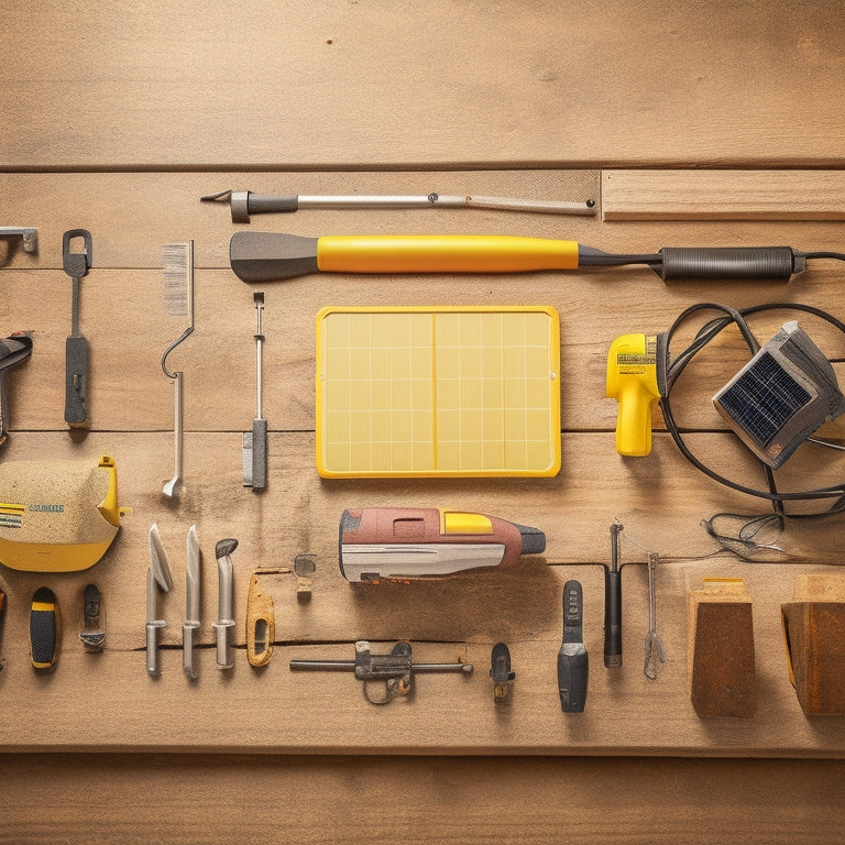 A detailed flat lay of solar panel installation tools: clamps, wiring, a level, a drill, safety gear, and a solar panel, all set on a textured wooden surface with natural light highlighting the equipment.
