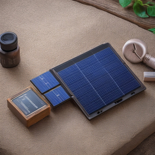 A miniature solar panel with a compact battery attached, set against a rustic wooden background, surrounded by tiny tools and wires, with a faint glow emanating from the panel's surface.