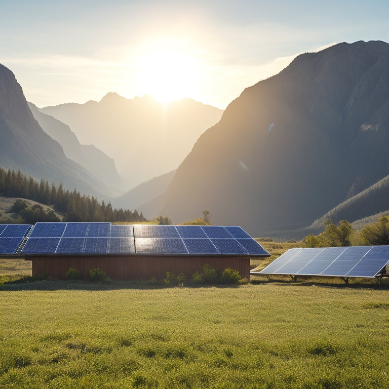 A serene, sun-kissed landscape with a modern, sleek off-grid solar power system in the foreground, surrounded by lush greenery and a distant mountain range under a bright blue sky.
