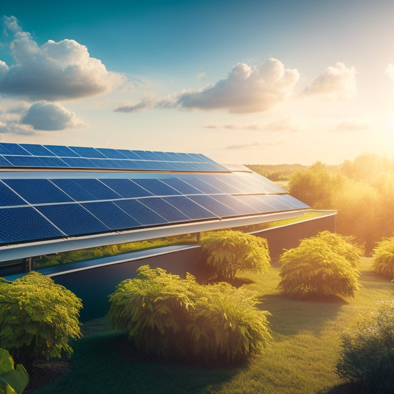 A futuristic solar panel landscape with sleek, high-efficiency panels reflecting sunlight on a modern rooftop, surrounded by lush greenery, with a bright blue sky and fluffy clouds in the background, symbolizing sustainability and innovation.