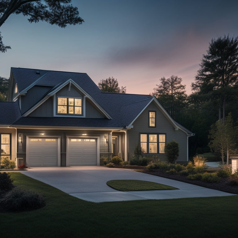 A serene suburban home at dusk, with a sleek energy storage system visible beside the garage, surrounded by lush greenery and a faint glowing grid pattern overlay on the roof and walls.