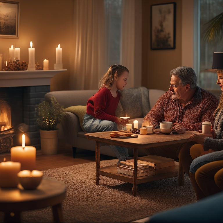A cozy living room during a power outage, illuminated by a warm glow from a stylish battery backup unit. Nearby, family members gather with candles and books, creating a serene, inviting atmosphere.