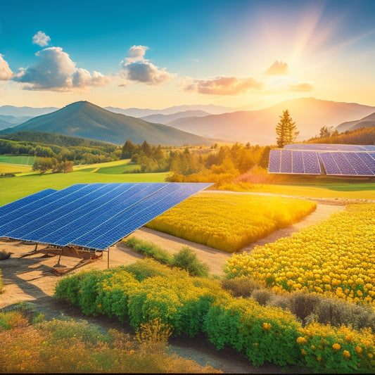 A vibrant landscape featuring solar panels glistening under a bright sun, wind turbines spinning gracefully on rolling hills, and a lush garden with diverse plants, all reflecting a harmonious balance between technology and nature.
