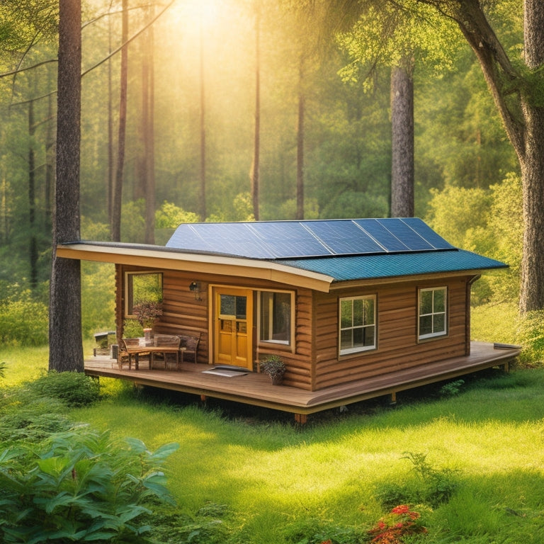 A serene off-grid cabin surrounded by lush greenery, with a solar panel array on the roof, a battery bank in the foreground, and a power inverter prominently displayed on a wooden table.