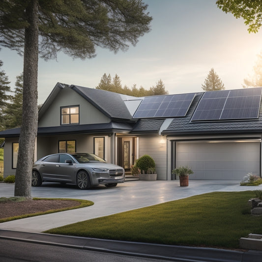 A serene suburban home with a sloping roof, solar panels installed in a staggered pattern, a sleek inverter on the side wall, and a shiny electric vehicle charging in the driveway.