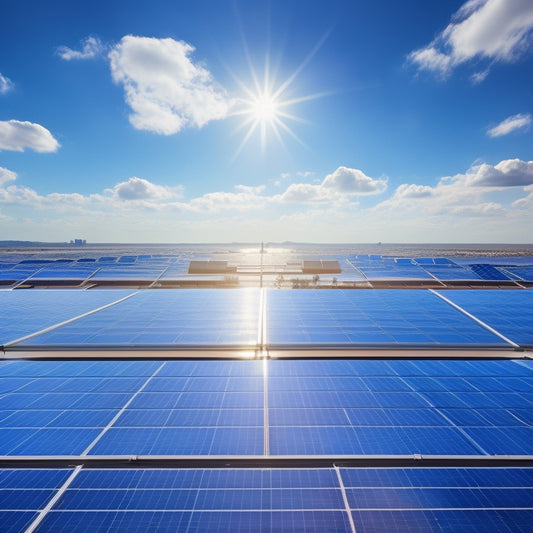 A photorealistic image of a commercial rooftop with rows of sleek, black solar panels angled at 30 degrees, reflecting a clear blue sky with a few wispy clouds.