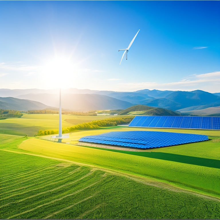 A vibrant landscape featuring solar panels, wind turbines, and a large battery storage facility, surrounded by green hills and a clear blue sky, illustrating various renewable energy solutions harmoniously integrated for a business setting.