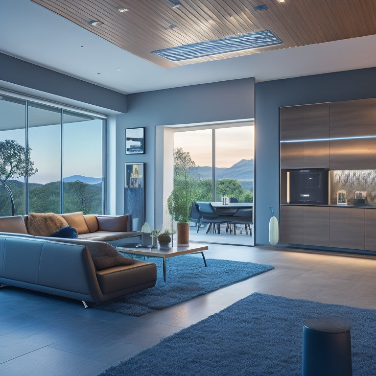 A futuristic, well-lit home interior with sleek, modern furniture, featuring a wall-mounted battery storage system, solar panels on the roof, and a smart home energy management hub on the wall.