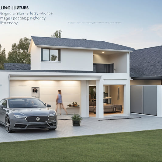 A diagram showcasing a modern home with a sleek, compact battery backup system installed in the garage, featuring a large lithium-ion battery, an inverter, and a monitoring system.