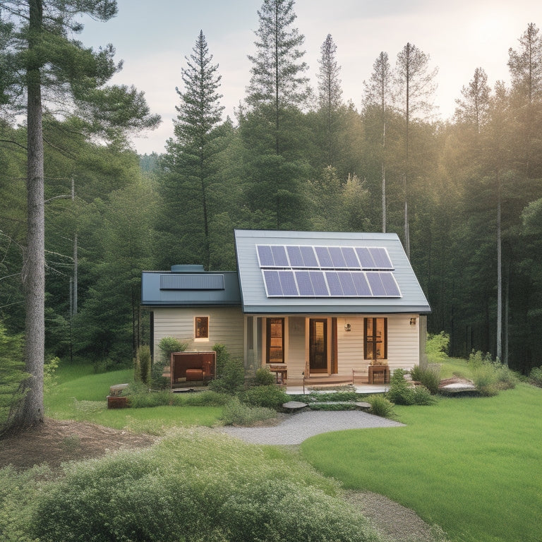 A serene off-grid home nestled among tall trees, with a sleek solar panel array on the roof, a compact battery storage unit on the porch, and a subtle wind turbine in the background.