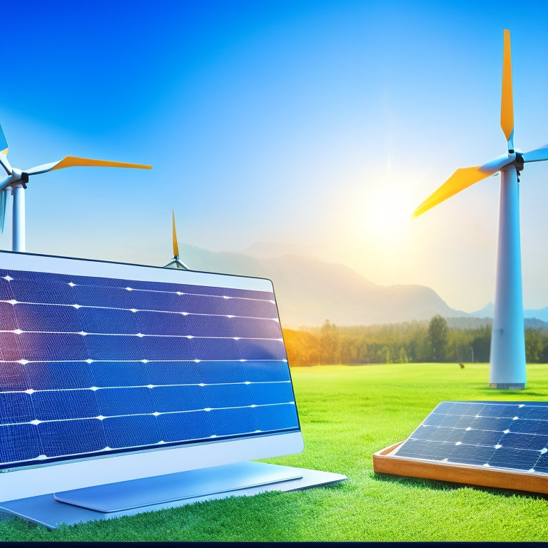 A futuristic illustration of a computer screen displaying an e-commerce website, with a battery icon in the shopping cart, surrounded by smaller icons of renewable energy sources like solar panels and wind turbines.