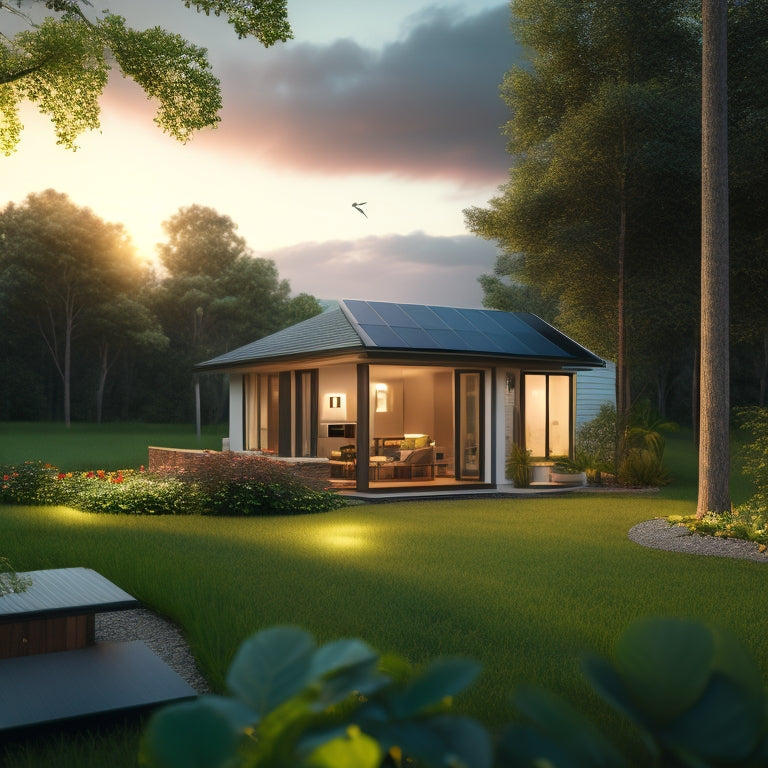 A serene, modern home surrounded by lush greenery, with a few solar panels installed on the roof, a small wind turbine in the background, and a subtle, glowing LED light illuminating the porch.