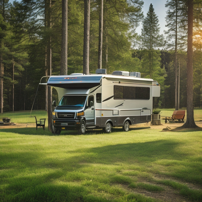A serene RV parked in a secluded wilderness area, surrounded by trees, with a sleek solar panel array mounted on the roof, casting a subtle shadow on the vehicle's surface.