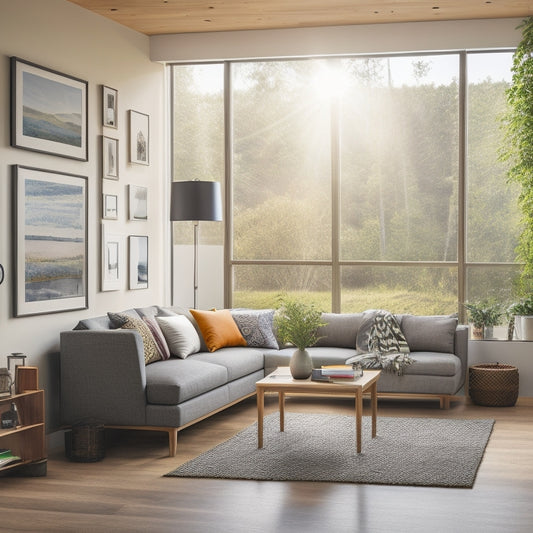 A serene living room with a modern, sleek solar panel array visible through a large window, a battery bank discreetly integrated into a wooden shelving unit, and a few devices charging via USB ports.