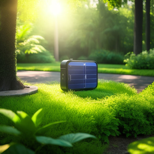 A futuristic, sleek battery pack with solar panels on top, charging in a sunny outdoor setting, surrounded by lush greenery, with a few outdoor gadgets plugged in and powered on.