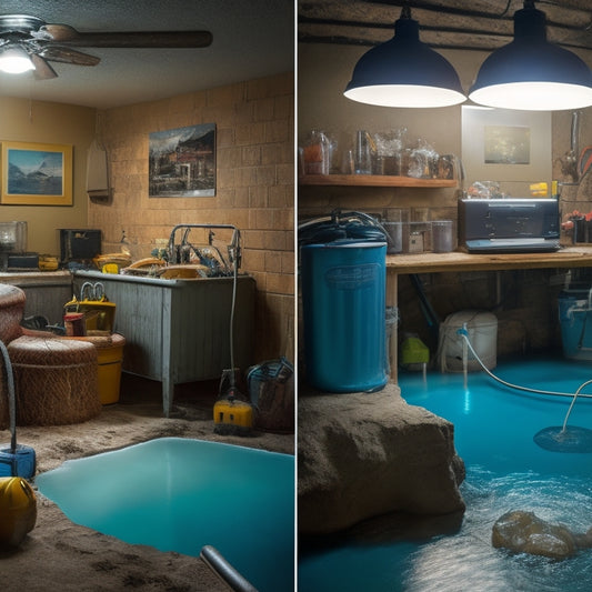 A split-screen image featuring a cluttered, flooded basement on one side and a tidy, well-lit space with a DIY water pump setup on the other, including a submersible pump, hose, and storage tank.