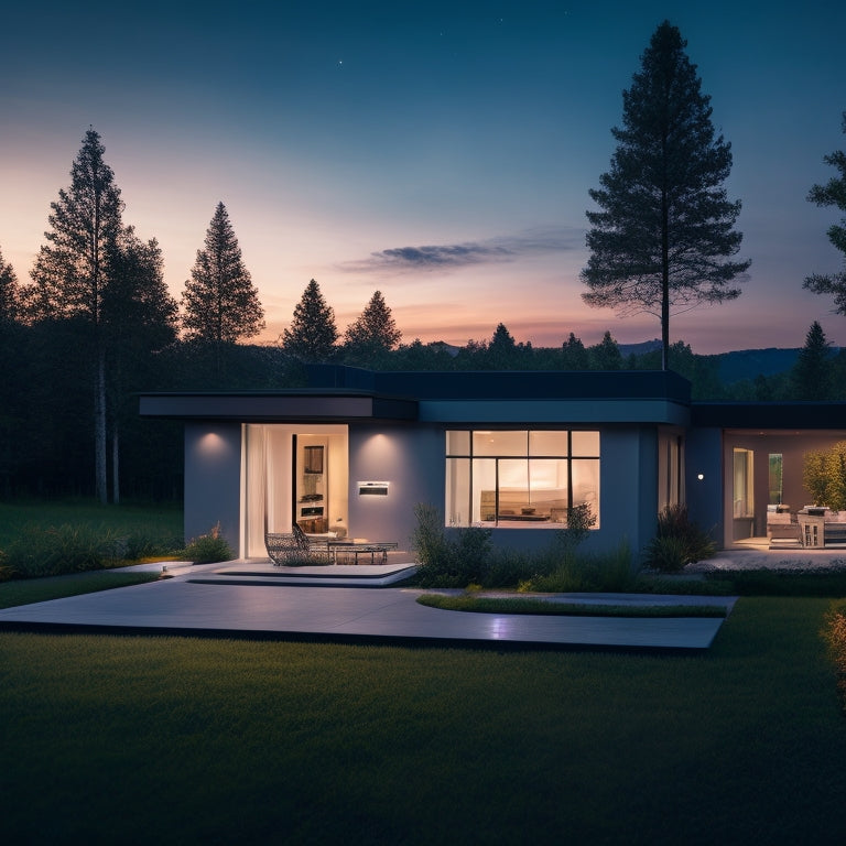 A serene, modern home at dusk, illuminated by soft LED lights, with a sleek, wall-mounted energy storage system and a rooftop solar panel array, surrounded by lush greenery and a calm, starry night sky.