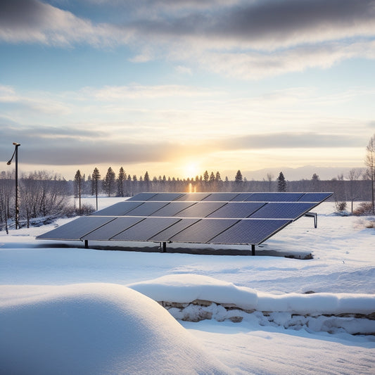 A serene winter landscape featuring a snow-covered solar panel array with a few panels sparkling clean, while others remain snow-encrusted, highlighting the contrast between clean and dirty panels.