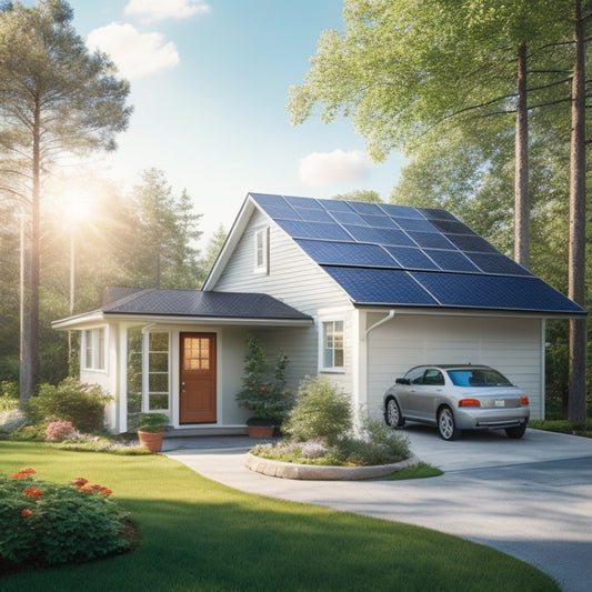 A serene suburban home with solar panels on the roof, a sleek inverter on the wall, and a compact battery bank in the garage, surrounded by lush greenery and a sunny sky.