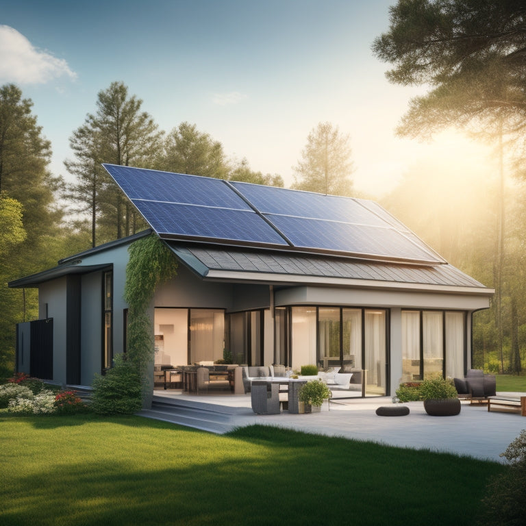 A modern home with solar panels on the roof, connected to an advanced electrical system, showcasing bright sunlight, a digital energy monitor, and lush green surroundings, symbolizing sustainability and innovation.