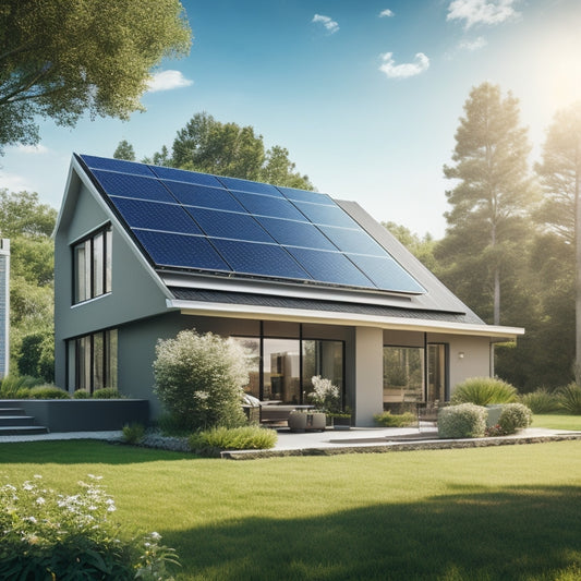 A serene suburban house with a sleek, black solar panel array on the roof, surrounded by lush greenery, under a bright blue sky with a few puffy white clouds.