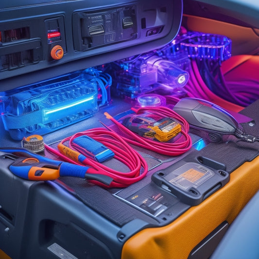 A close-up view of a vehicle's interior, showcasing a power inverter installation. Tools like a screwdriver and wire cutters are nearby. The inverter is mounted under the dashboard with colorful wires connected, highlighting a modern car's sleek design.