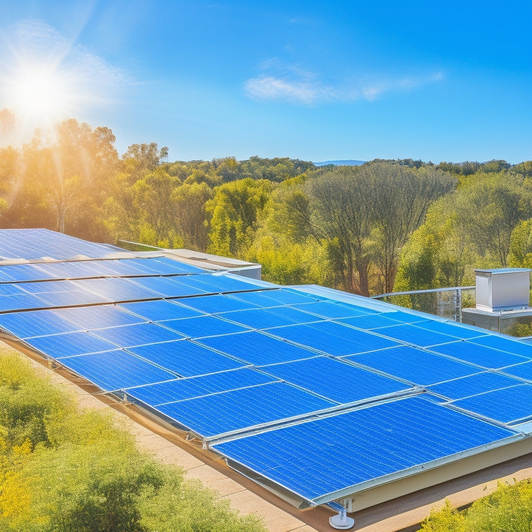 A vibrant rooftop covered in solar panels under a bright blue sky, surrounded by trees, with a solar water heater and a solar garden light in the foreground, showcasing various solar energy devices.