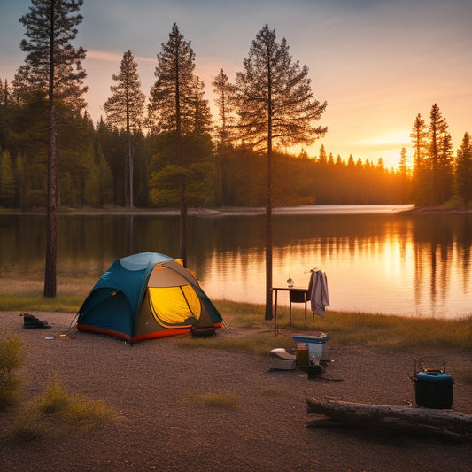 A scenic campsite at dusk, featuring a portable solar generator beside a cozy tent, solar panels glistening in the fading light, surrounded by pine trees and a serene lake reflecting the sunset.