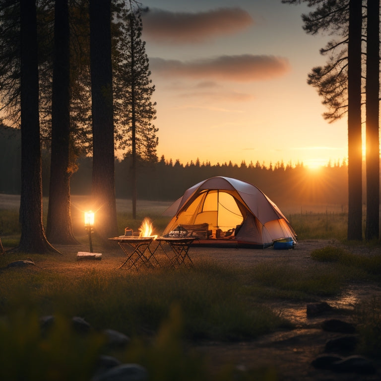 A picturesque campsite at sunset, featuring sleek, portable solar panels set up beside a cozy tent, surrounded by lush trees, with a campfire glowing softly and camping gear scattered around, evoking adventure and sustainability.