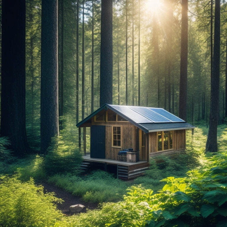 A serene off-grid cabin nestled in a lush forest, surrounded by solar panels, a vibrant garden, and a clear blue sky. Sunlight glistens on the panels, emphasizing sustainability and tranquility.