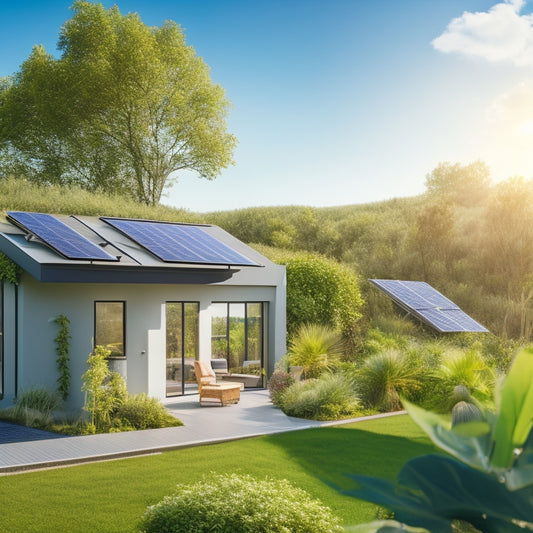 A serene, modern home surrounded by lush greenery, with solar panels on the roof, a vertical garden wall, and a compact wind turbine in the backyard, set against a bright blue sky.