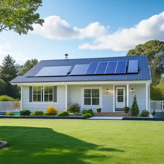 A serene backyard with a modern single-story house, solar panels installed on the roof, a sleek battery unit standing upright beside a white picket fence, surrounded by lush greenery and a bright blue sky.