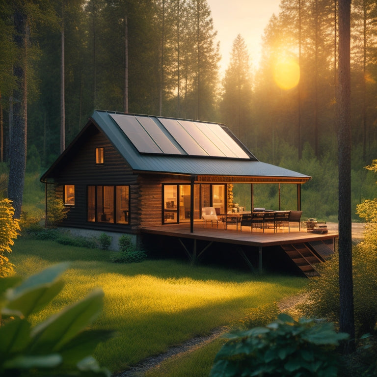 A serene, secluded cabin surrounded by lush greenery, with a sloping metal roof covered in sleek, black solar panels, casting a warm, golden light on the rustic wooden deck below.