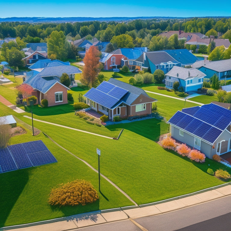 An aerial view of a suburban neighborhood with multiple houses, each with a unique solar panel installation, showcasing different sizes, angles, and roof types, set against a bright blue sky.