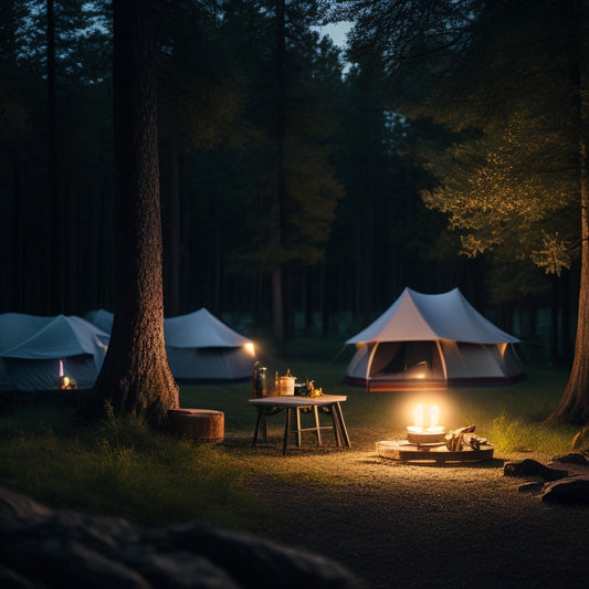 A serene campsite at dusk, featuring various stylish rechargeable camping lamps illuminating a rustic picnic table surrounded by trees. Soft glow reflects on nearby tents, creating a cozy atmosphere under a starry sky.