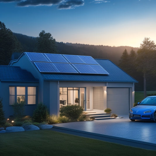An illustration of a modern home with solar panels on the roof, a sleek battery unit in the garage, and a subtle grid of circuitry and wires connecting the two, surrounded by a faint glow of blue light.