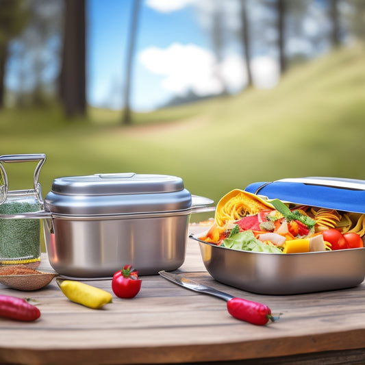 A sleek, stainless steel insulated food container sits on a rustic wooden table, filled with vibrant, steaming pasta and colorful vegetables, surrounded by a cozy picnic setting with soft blankets and nature in the background.