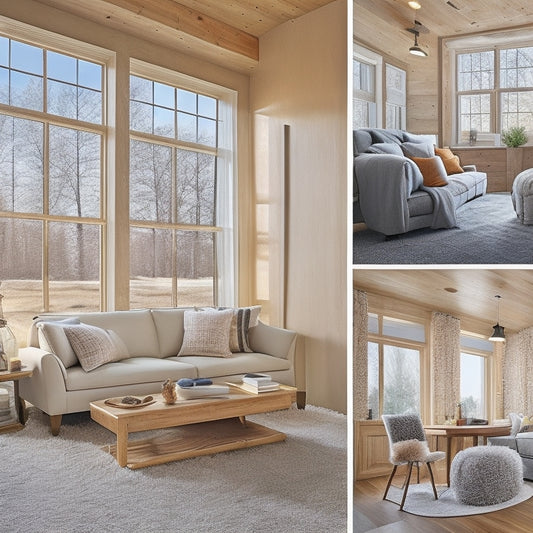A cozy home interior showcasing various insulation materials: fibrous batts, spray foam, and reflective barriers. Sunlight filters through energy-efficient windows, highlighting warm colors and textures, with a focus on comfort and energy efficiency.