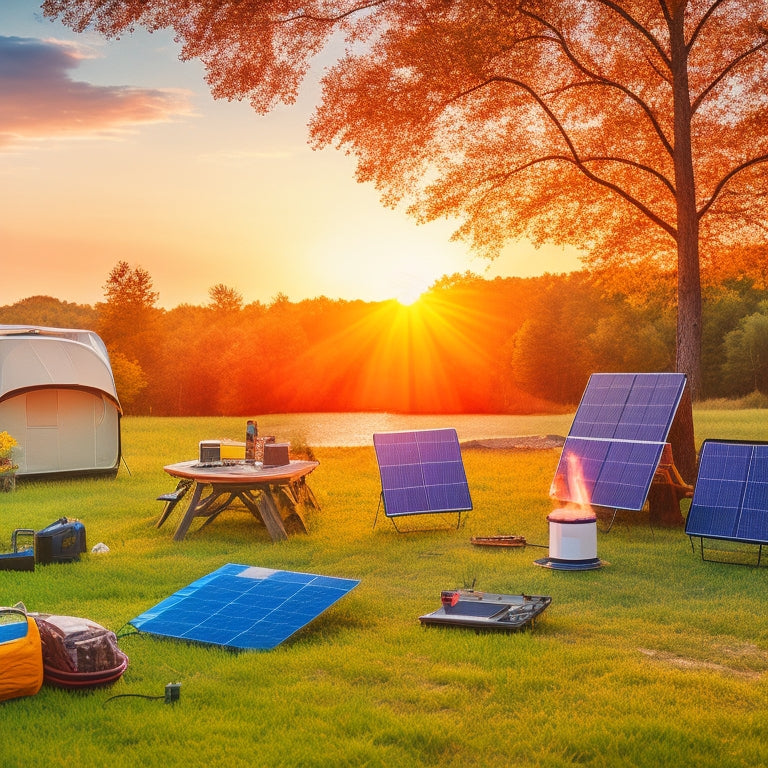 A vibrant outdoor scene featuring various portable solar kits set up in a camping area, showcasing solar panels, battery packs, and charging devices, surrounded by lush greenery and a serene sunset in the background.