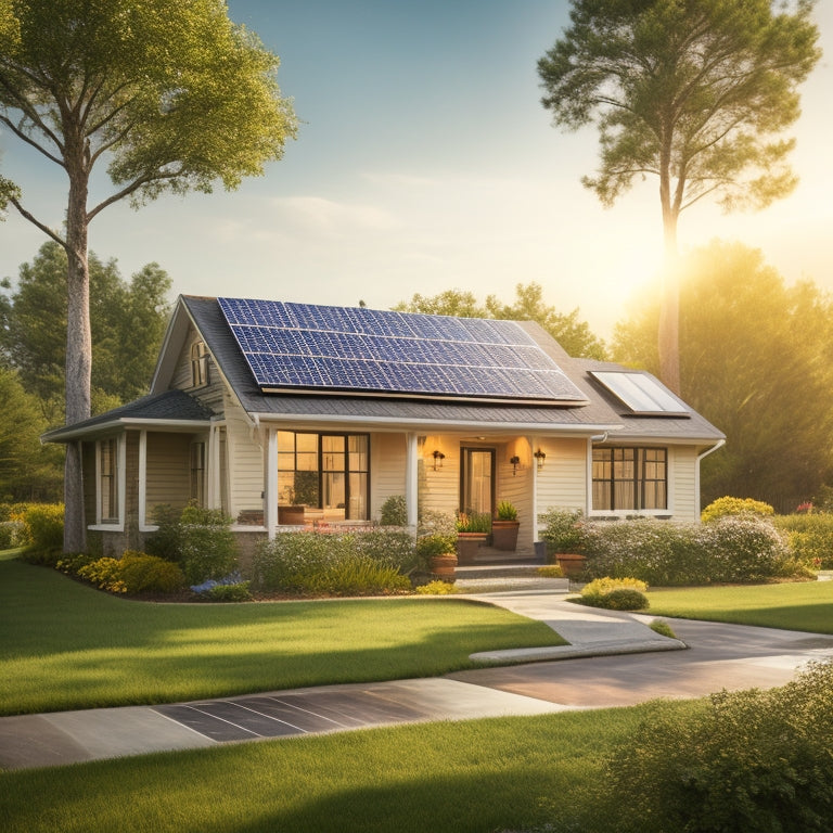 A serene suburban home with solar panels installed on the roof, surrounded by lush greenery, with a bright sun shining down, casting a warm glow on the entire scene.