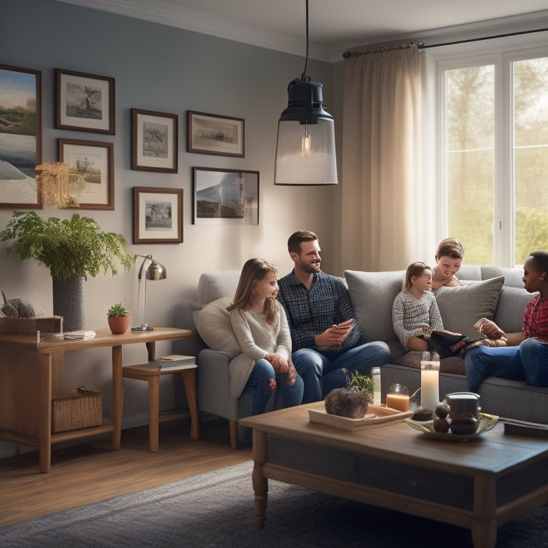 A cozy home interior with a family gathered around a sleek battery backup system, showcasing various models on display. Sunlight filters through a window, illuminating a wall chart of energy usage and efficiency.