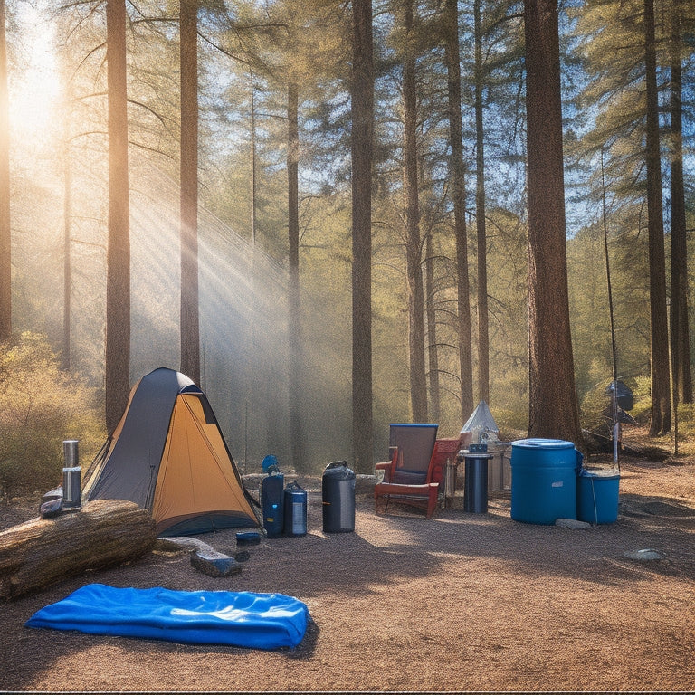 A rugged outdoor scene featuring a compact portable shower system set up in a lush forest clearing, with a clear blue sky above, surrounded by camping gear and a water source nearby.