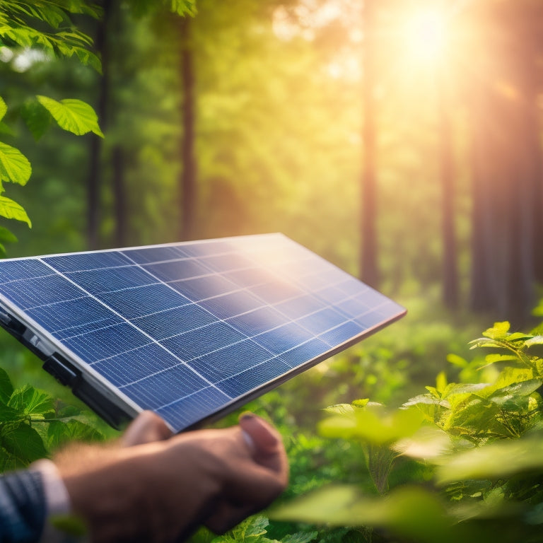 An illustration of a person holding a sparkling clean solar panel, surrounded by lush greenery, with a subtle sunbeam shining down, and a faint grid of dirty panels in the blurred background.