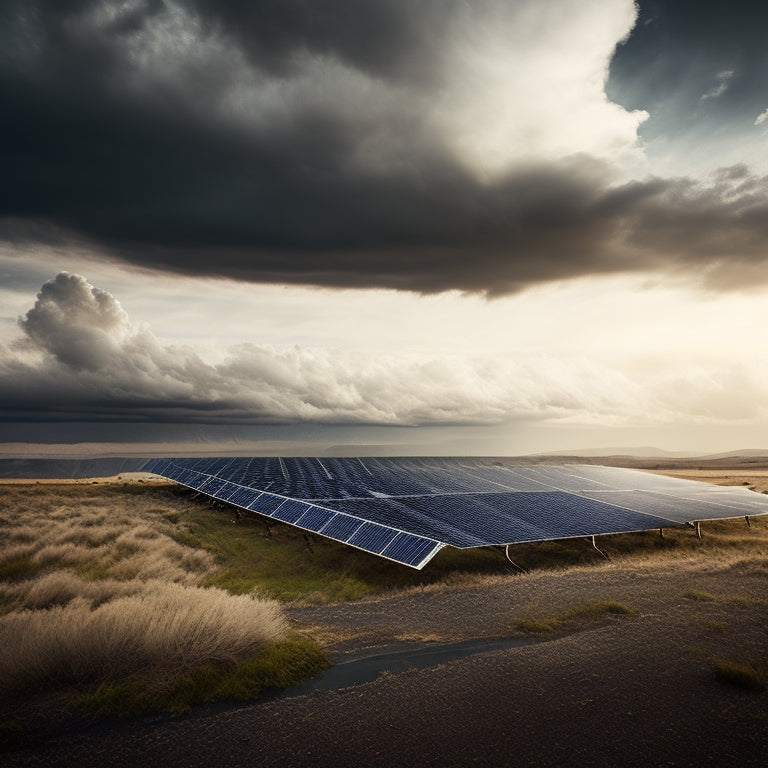 A dramatic illustration of a solar panel array amidst a turbulent, windy landscape: panels slightly angled, some leaning, and a few lifted off their mounts, with swirling clouds and debris in the background.