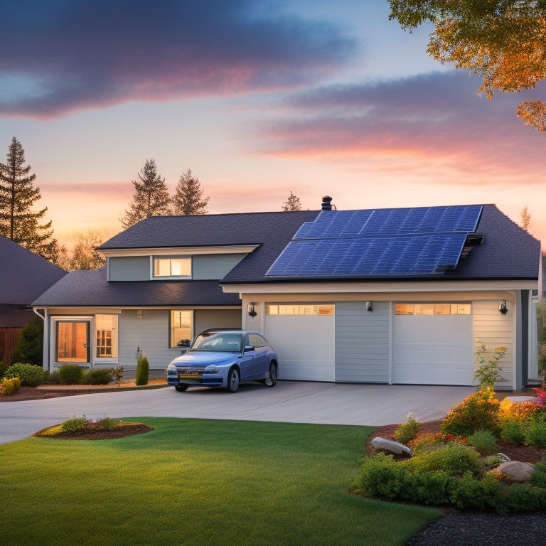 A serene suburban home with a sleek, modern solar panel array on the roof, a compact battery storage unit in the garage, and a backup power inverter on the wall.