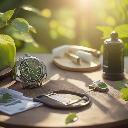A serene outdoor scene featuring a close-up of a solar powered watch on a wooden table, surrounded by sunlight filtering through green leaves, with tools for maintenance like a small screwdriver and cleaning cloth nearby.