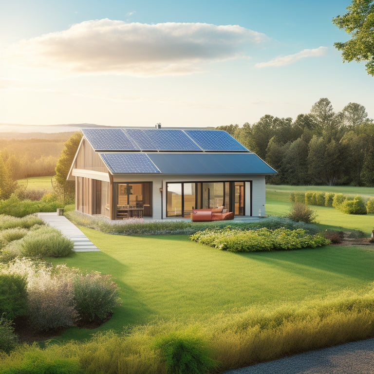 A serene, sunny landscape with a modern, eco-friendly home, surrounded by lush greenery, featuring a rooftop solar array, a wind turbine in the distance, and a sleek, compact battery storage system.