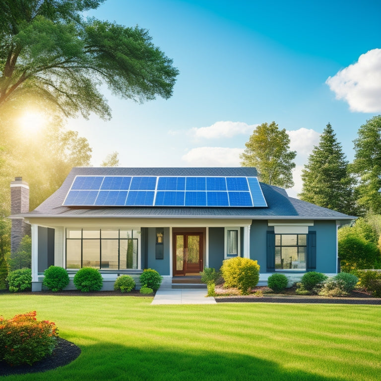 A serene suburban home with a sleek, modern solar panel system installed on its rooftop, surrounded by lush green trees and a bright blue sky with a few puffy white clouds.