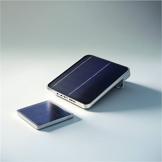 A modern, sleek solar battery pack with a glossy black casing, silver accents, and a prominent LED display, set against a clean white background with a subtle gradient.