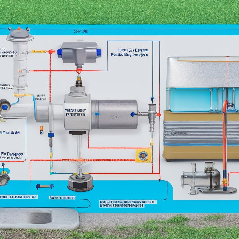 An illustration of a recreational vehicle's plumbing system, showcasing a water pump, water tank, pipes, and valves, with arrows indicating water flow and pressure gauges displaying optimal readings.